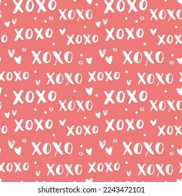 XOXO brush lettering signs seamless pattern, Grunge calligraphy with hugs and kisses Phrase, Internet slang abbreviation XOXO symbols, vector illustration.