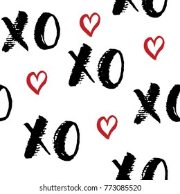 XOXO brush lettering signs seamless pattern, Grunge calligraphiv c hugs and kisses Phrase, Internet slang abbreviation XOXO symbols, vector illustration isolated on white background