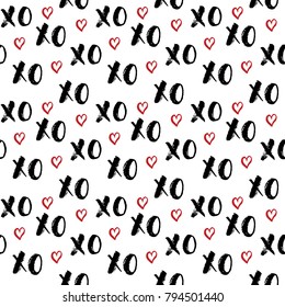 XOXO brush lettering signs seamless pattern, Grunge calligraphiv c hugs and kisses Phrase, Internet slang abbreviation XOXO symbols, vector illustration isolated on white background