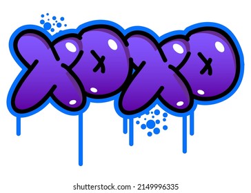 XOXO colored Graffiti tag, abbreviation, Hugs and kisses, informal term used for expressing love. Abstract modern street art decoration performed in urban painting style.