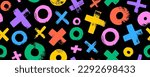 XOXO colorful seamless pattern. Bold brush drawn crosses and circles bright color banner. Abstract geometric background with tic tac toe. Grunge texture with symbols of zero and crosses.