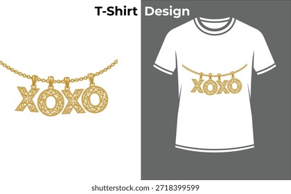 Ilustración vectorial de cadena de oro XOXO, diseño de camiseta de tipografía de collar con letras colgantes para joyas de San Valentín, amor y accesorios de moda.