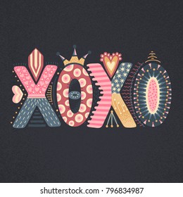 Xoxo. Hand drawn lettering. Happy Valentine's Day. Freehand style. Doodle. Decorative letters. Holiday in February. Love. Valentine card, postcard, banner, poster, print on clothes. Vector, eps10