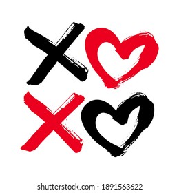 XoXo hand drawn phrase isolate on white background. Kisses sign, icon, logo with red and black heart and cross. Grunge brush lettering X O kiss symbol.  Valentine’s day greeting card, poster, banner.