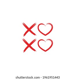 XoXo hand drawn phrase isolate on white background. Kisses sign, icon, logo with red and black heart and cross. Grunge brush lettering X O kiss symbol. Valentine’s day greeting card, poster, banner.