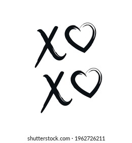 XoXo hand drawn phrase isolate on white background. Kisses sign, icon, logo with red and black heart and cross. Grunge brush lettering X O kiss symbol. Valentine’s day greeting card, poster, banner.