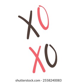 XoXo hand drawn phrase isolate on white background. Kisses sign, icon, logo with red and black heart and cross. Grunge brush lettering X O kiss symbol. Valentines day greeting card, poster, banner.