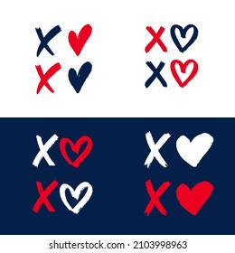 XoXo hand drawn phrase. Set of kisses sign, icon, logo with red and blue heart and cross. Brush stroke lettering X O kiss symbol. Valentine’s day greeting poster, card, web, banner. Grunge vector.