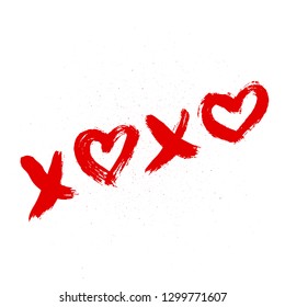 XOXO hand phrase with heart written with red lipstick on white background. Hugs and kisses sign. Grunge brush lettering XO. Easy to edit template for Valentine’s day greeting card, poster, flyer, etc.