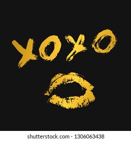 XOXO hand written phrase and gold lipstick kiss on black background. Hugs and kisses sign. Grunge brush lettering XO. Easy to edit template for Valentine’s day greeting card, banner, poster. 