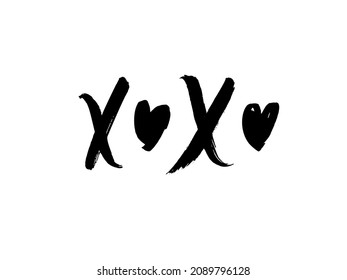 XOXO hand written phrase with hearts isolated on white background. Hugs and kisses vector sign. Grunge brush lettering XO. Greeting card template for Valentine’s day, wedding and birthday.