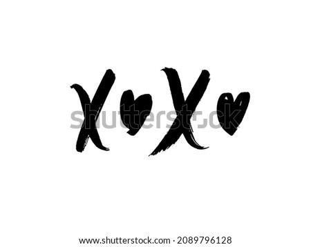 XOXO hand written phrase with hearts isolated on white background. Hugs and kisses vector sign. Grunge brush lettering XO. Greeting card template for Valentine’s day, wedding and birthday.