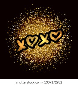 XOXO hand written phrase on gold glitter confetti background. Hugs and kisses sign. Grunge brush lettering XO. Easy to edit template for Valentine’s day greeting card, banner, poster, flyer, postcard.