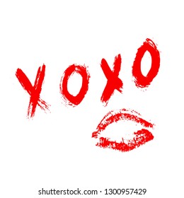 XOXO hand written phrase and red lipstick kiss isolated on white background. Hugs and kisses sign. Grunge brush lettering XO. Easy to edit template for Valentine’s day greeting card, banner, poster. 