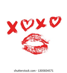 XOXO hand written phrase and red lipstick kiss isolated on white background. Hugs and kisses sign. Grunge brush lettering XO. Easy to edit template for Valentine’s day greeting card, banner, poster. 