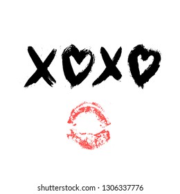 XOXO hand written phrase and red lipstick kiss isolated on white background. Hugs and kisses sign. Grunge brush lettering XO. Easy to edit template for Valentine’s day greeting card, banner, poster. 