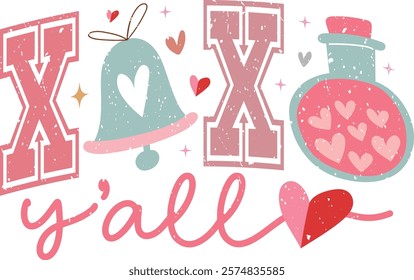 Xoxo Y’all - Happy Valentine's day T-shirt Design, Valentine Varsity T-shirt design, Retro Valentine, retro Varsity, Love Heart Vector file, boho varsity, boho design