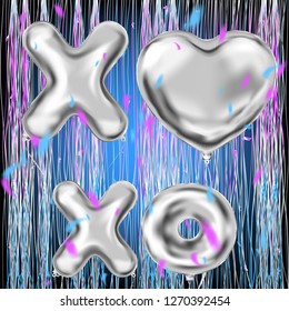 XOXO and heart shape silver ballons and foil confetti