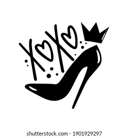 Xoxo - high heel shoe and crown vector illustation for women. Good for T shirt print, poster, card, label mug and gifts design.