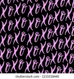 XOXO hugs and kisses bold vector  pattern. Hand drawn trendy hipster black and pink. XO background. Ink grungy brush texture.
