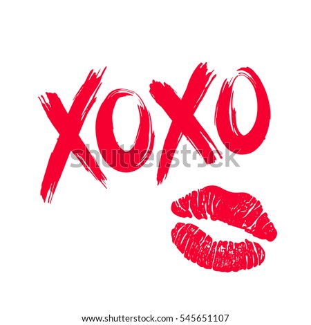 XOXO (hugs and kisses) brush lettering and lipstick kiss on a white background. Vector illustration Сток-фото © 