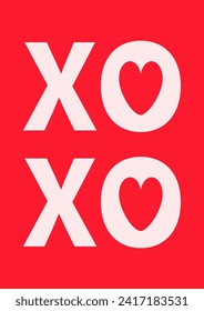 XOXO. Hugs and kisses lettering. Heart shape sign symbol. Happy Valentines Day greeting card, poster, banner. Typography. Social media templates. Flat design. Red background. Vector illustration