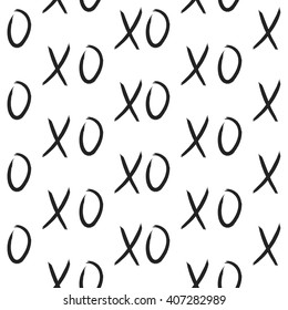 XOXO hugs and kisses seamless pattern. Hand drawn trendy hipster black and white XO background. Ink grungy brush texture.