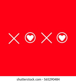 Xoxo Hugs and kisses Sign symbol mark Love card White heart Word text lettering. Flat design Red background Isolated Vector illustration