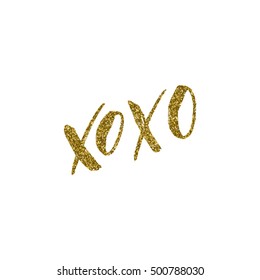 XOxo - ink freehand lettering with golden texture. Modern brush calligraphy, isolated on the white background.