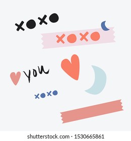xoxo. Kiss hug kiss hug. Love you. Pretty hand drawn vector sticker sheet set. Cute emblems set, arty symbols, logos, art poster. Sticky note with shapes: moon, heart, wash, in baby blue, pink, coral.