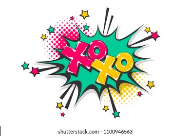 Xoxo kiss love wow comic text speech bubble. Colored pop art style sound effect. Halftone vector illustration banner. Vintage comics book poster. Colored funny cloud font.