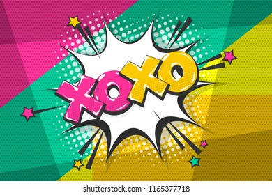 Xoxo kiss love wow comic text speech bubble. Colored pop art style sound effect. Halftone vector illustration banner. Vintage comics book poster. Colored funny cloud font.
