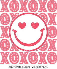 Xoxo Love heart smiley face - Happy Valentine's day T-shirt Design, Valentine Varsity T-shirt design, Retro Valentine, retro Varsity, Love Heart Vector file, boho varsity, boho design