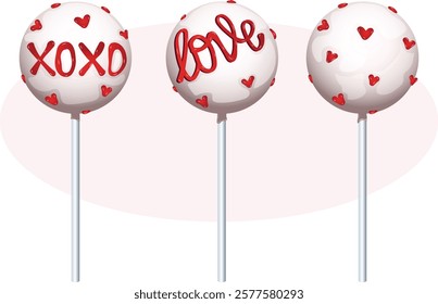 XOXO, Love and Hearts Red Icing Decorated Vanilla Cake Pops Collection. Valentine's Day Romantic Dessert Illustration.