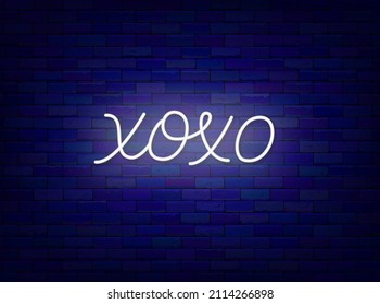 Xoxo neon lettering. Hugs and kisses. Happy Valetines Day. Shiny calligraphy. Glowing quote. Outer glowing effect banner. Luminous signboard. Editable stroke. Vector stock illustration