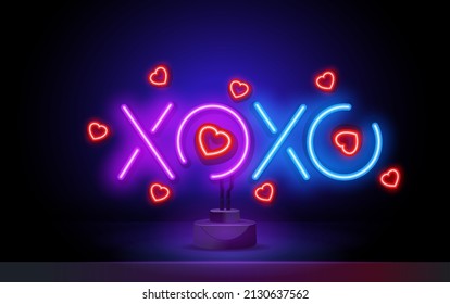 XOXO Neon sign Vector. hugs and kisses neon, design template, modern trend design, night signboard, night bright advertising, light banner, light art. Vector illustration