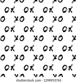 XOXO on white background. Seamless pattern. Hugs and kisses abbreviation symbol. Grunge vector background. Hand written brush lettering XO. Easy to edit template for Valentine’s day card, fabric, etc 