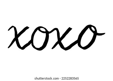 Xoxo phrase hand drawn brush ink lettering design isolated on white background. Grunge calligraphy. Romantic background.