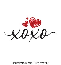Xoxo phrase vector lettering with hearts. Modern brush calligraphy. Romantic illustration isolated on white background