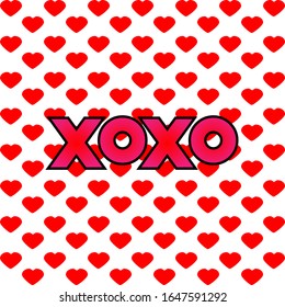 Xoxo frase tipografía de letras vectoriales en fondo de corazones rojos.Elemento de diseño para Feliz Día de San Valentín.