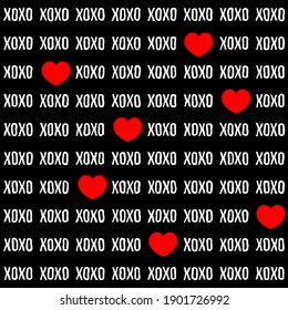 xoxo with red hearts seamless vector pattern with black background