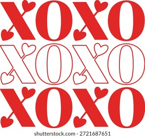  Patrón de letras rojas XOXO con corazones para el Diseño gráfico del día de San Valentín