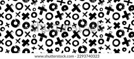 XOXO seamless pattern. Bold brush drawn crosses and circles banner. Abstract geometric background with tic tac toe. Grunge texture with symbols of zero and crosses. Black paint brush strokes.