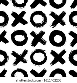 XOXO seamless pattern. Vector Abstract background with ink brush strokes. Monochrome Scandinavian hand drawn print. Grunge texture with simbols of zero and cross.