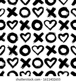 XOXO seamless pattern. Vector Abstract background with ink brush strokes. Monochrome Scandinavian hand drawn print. Grunge texture with simbols of zero, cross and heart.