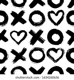 XOXO seamless pattern. Vector Abstract background with ink brush strokes. Monochrome Scandinavian hand drawn print. Grunge texture with simbols of zero, cross and heart.