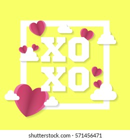 Xoxo sign with hearts and clouds in square. Valentine's day. Vector illustration.