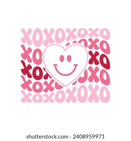 XOXO Smiely Heart Retro Valentine. Diseño de camisetas, afiches, tarjetas de felicitación, textiles, ilustración de vectores de etiquetas, letras dibujadas a mano para tazas de San Valentín y diseño de regalos.