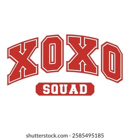 "XOXO Squad" in a bold varsity font with heart accents, symbolizing friendship, love, and unity. Perfect for cute prints, greeting cards, t-shirts, and festive decor.