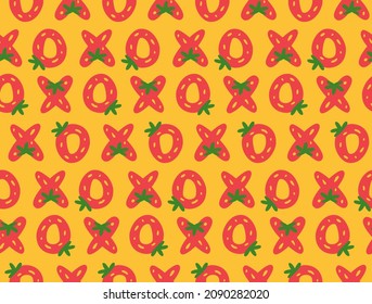 Xoxo strawberry letters seamless pattern, valentines day colorful pattern, berries in the shape of cross and zero vector illustration